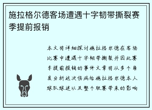 施拉格尔德客场遭遇十字韧带撕裂赛季提前报销