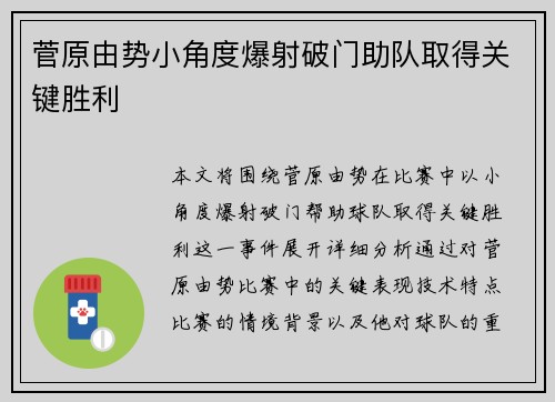 菅原由势小角度爆射破门助队取得关键胜利